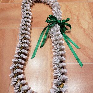 NWOT Graduation Lei Handmade White, Green & Gold Plumeria Spiral Ribbon Lei